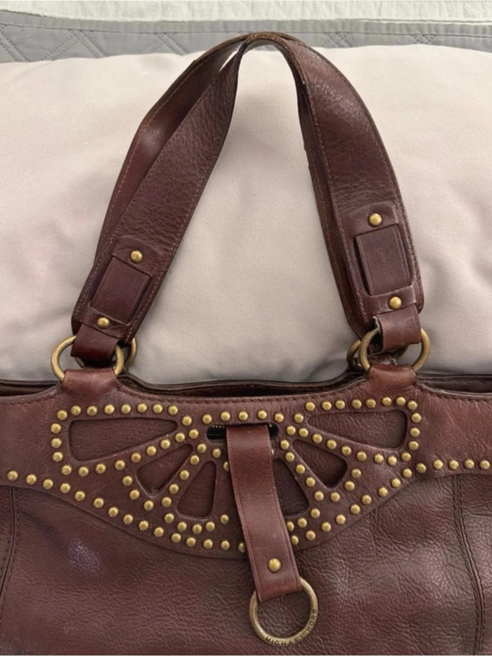 Michael Kors Dark Brown Leather Shoulder Bag with Gold Stud Accents